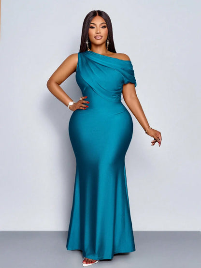 Elegant Off-Shoulder Plus Size Fishtail Evening Dress in Shiny Apricot for Wedding Party