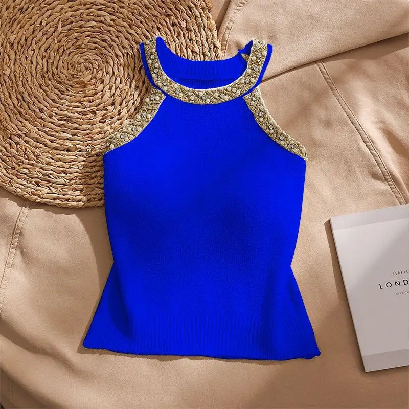 Fashionable Embroidered Flares  O-neck Sleeveless T-Shirts