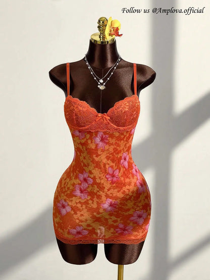 Floral Lace Mesh Bodycon Mini Dress