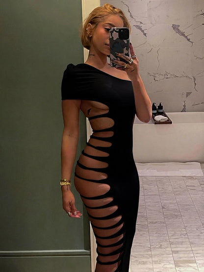 Sexy Hollow Design Skew Collar Maxi Dress