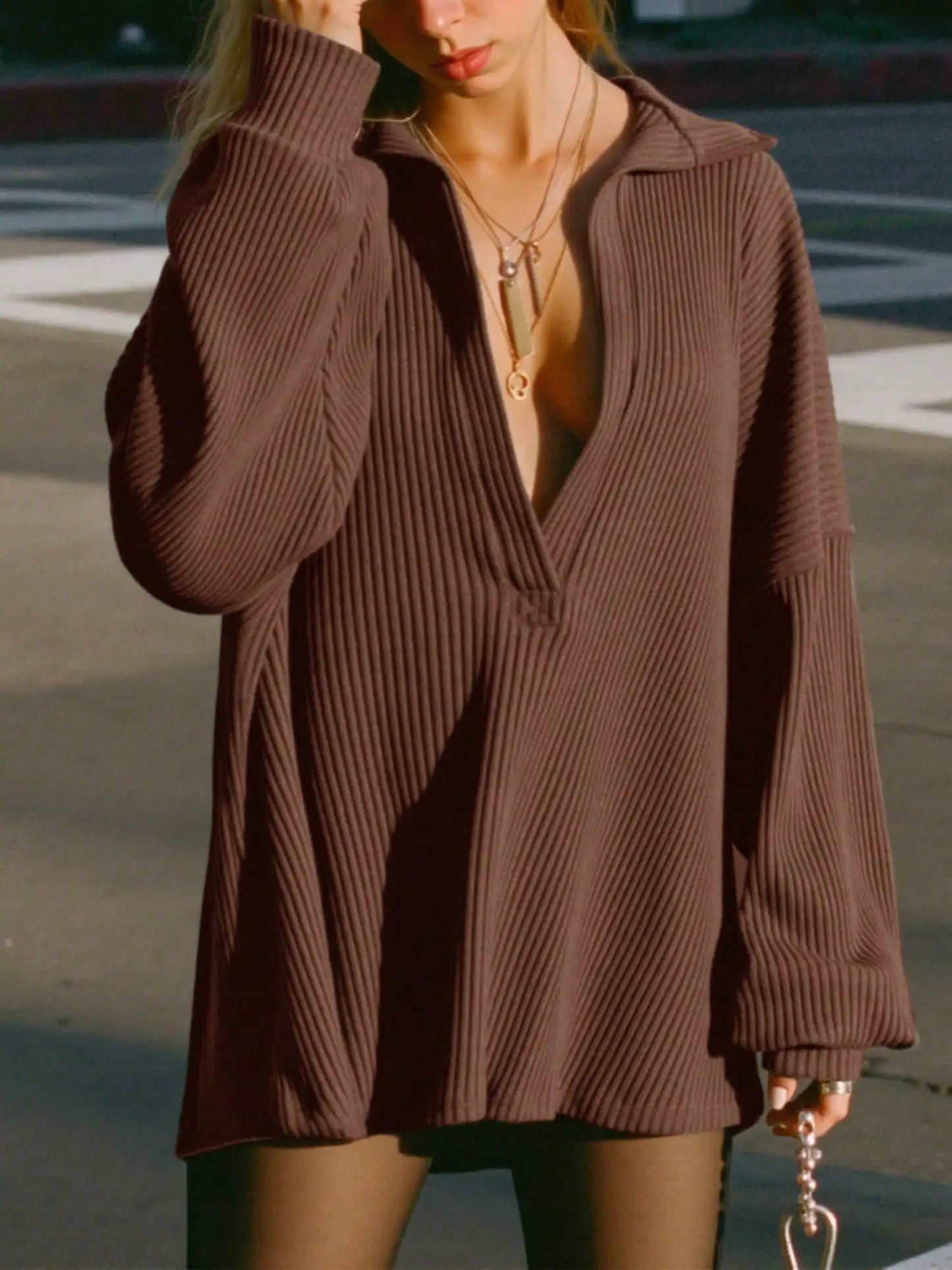 Deep V-Neck Knit Top Oversized Long Sleeve