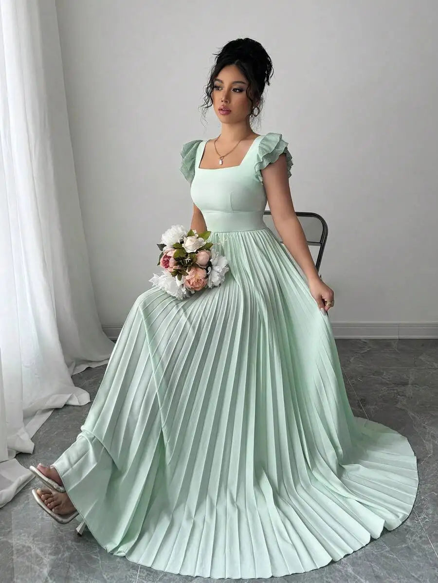 Elegant Mint Green Square Neck Maxi Dress