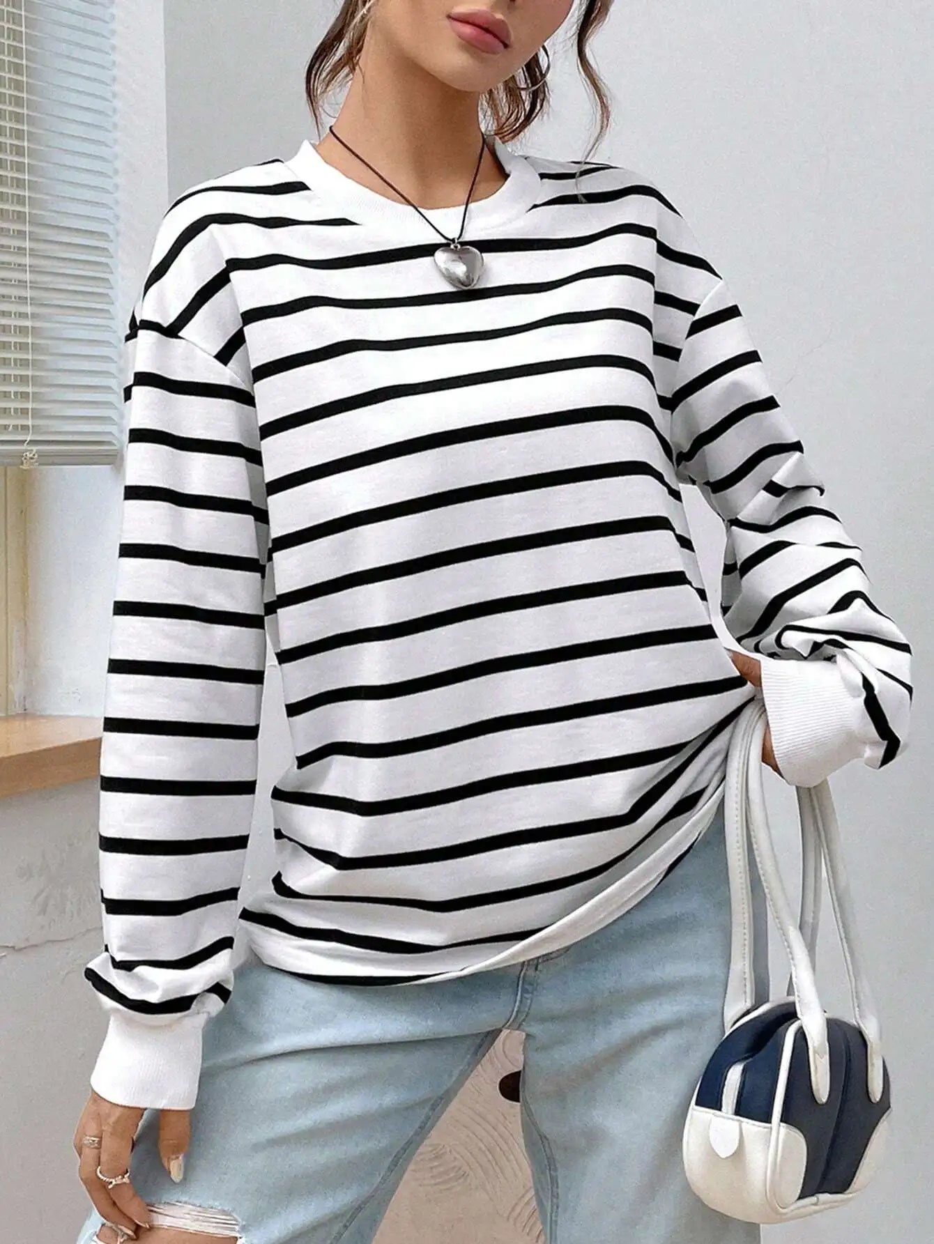 Women's White Black Striped Long Sleeve Sweater