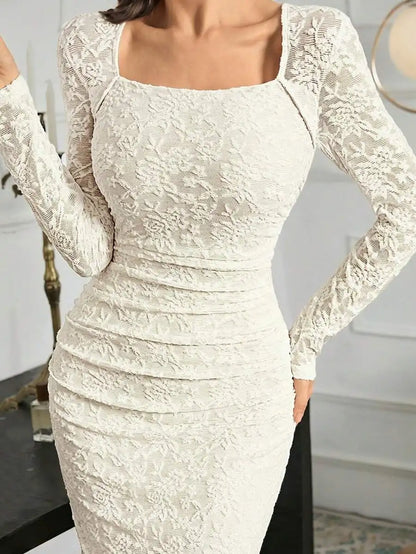 Elegant Ivory Lace Long Sleeve Dress