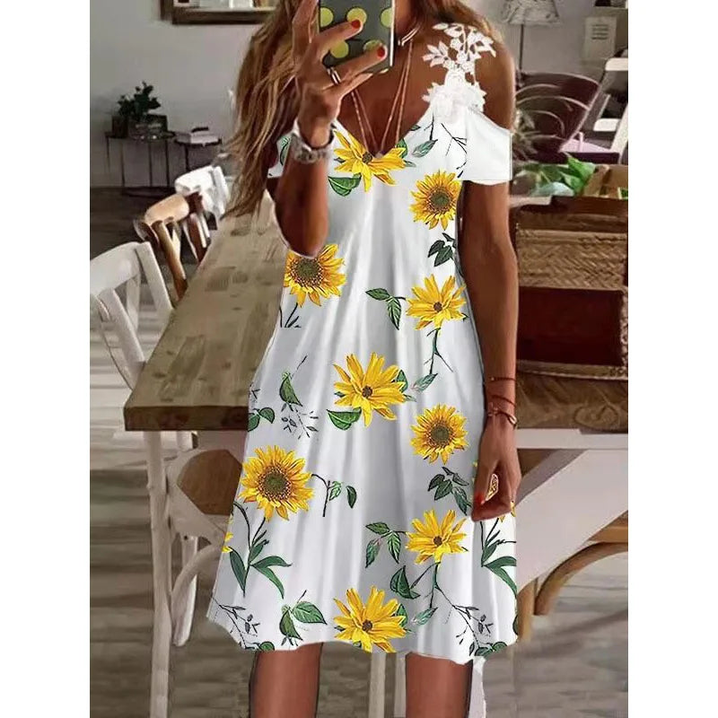 Strapless Lace Batwing Sleeve Dress Print Skirt