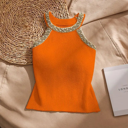 Fashionable Embroidered Flares  O-neck Sleeveless T-Shirts