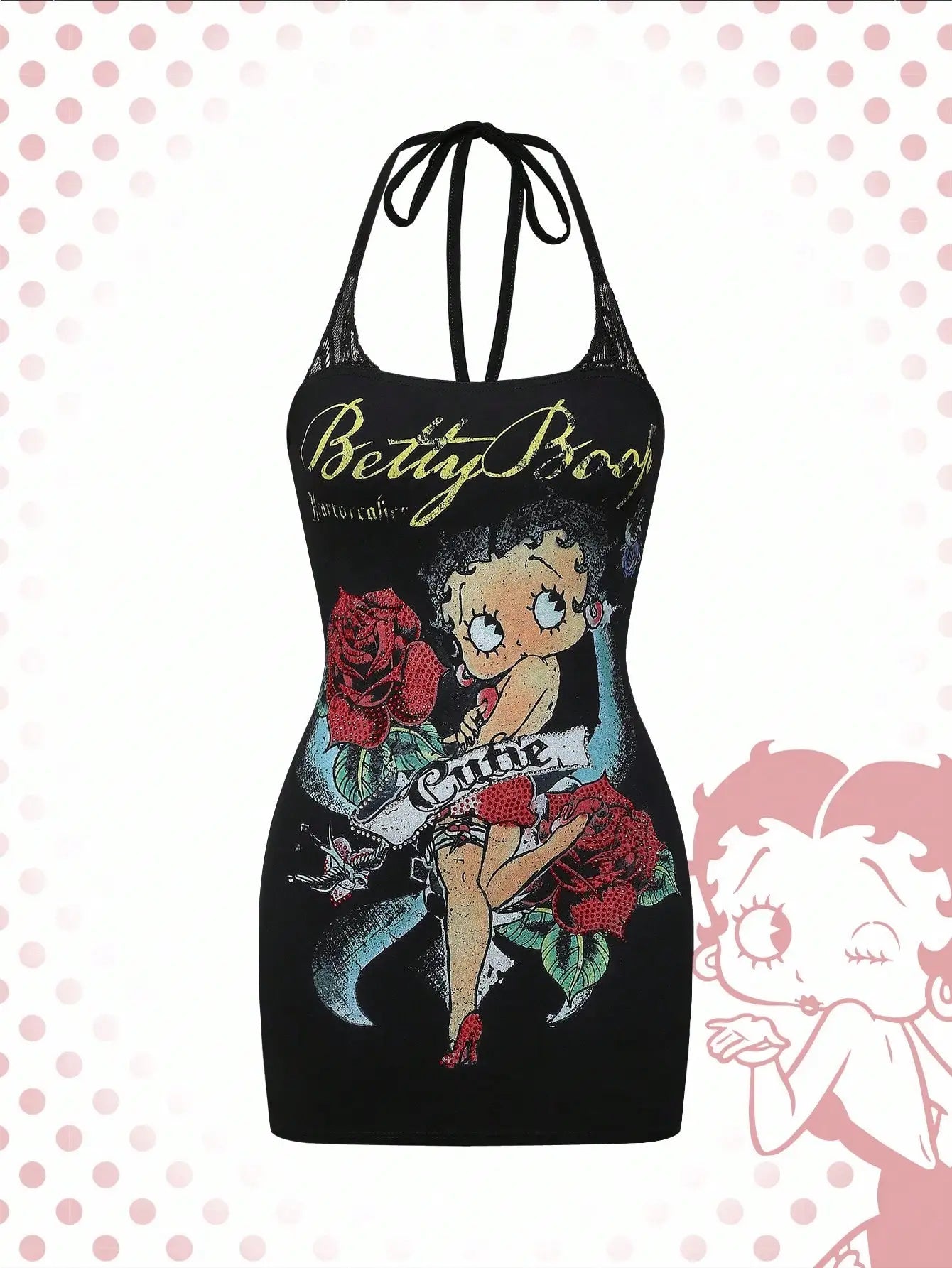 Cartoon Graphic Rhinestone Lace Dress