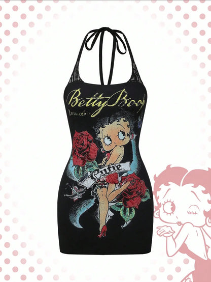 Cartoon Graphic Rhinestone Lace Dress