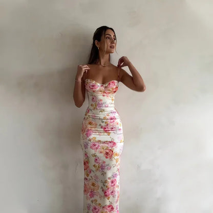 Floral Suspender Split Slim Sleeveless Dress