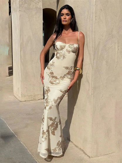 Elegant Flower Embroidery Maxi Dress