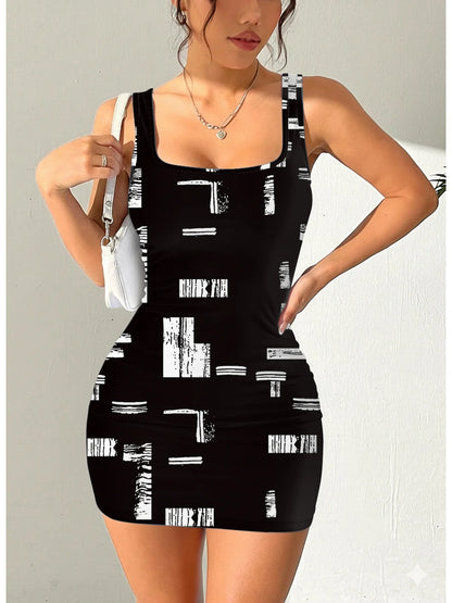 Geometric Print Round Neck Sleeveless Camisole Dress