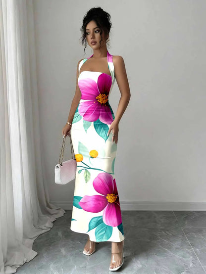 Hip-Hugging Sleeveless Long Skirt Hanging Neck Design And Collar