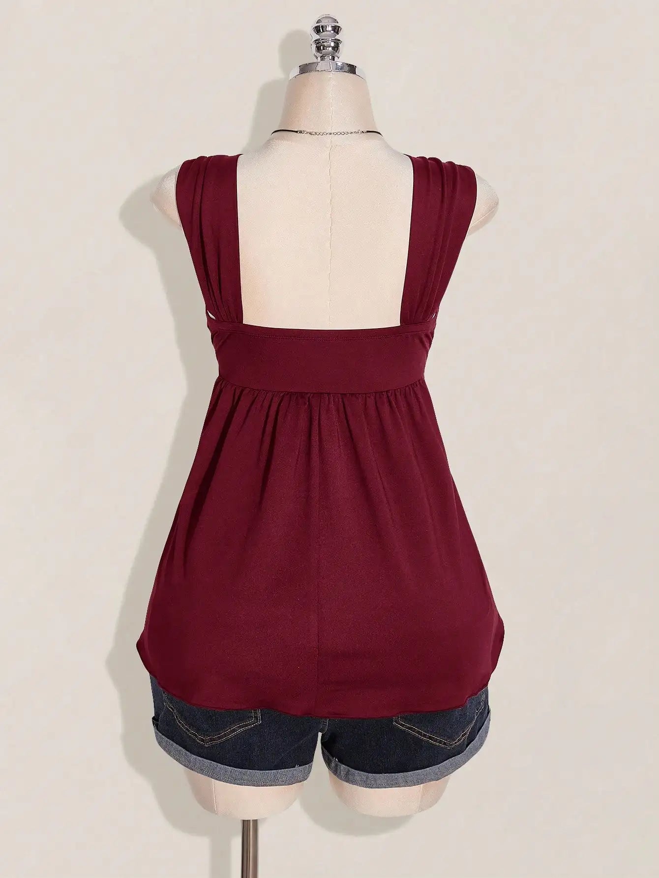 Wine Red Twist Front Sleeveless Babydoll Top,
