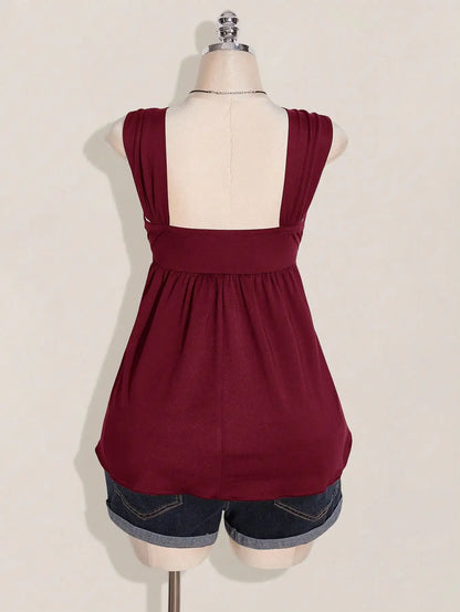 Wine Red Twist Front Sleeveless Babydoll Top,