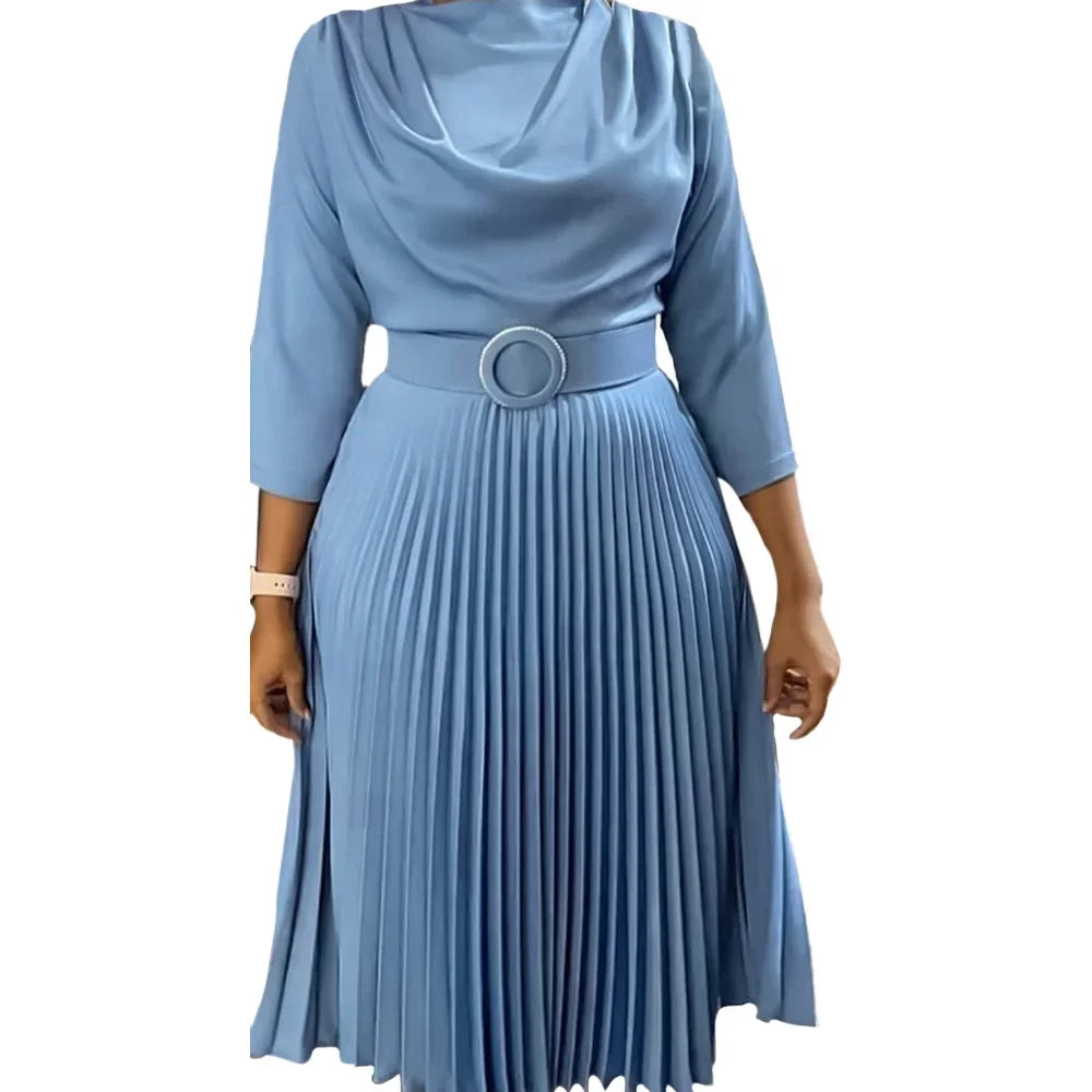 Fashionable Pure Color Pleated Midi Dress
