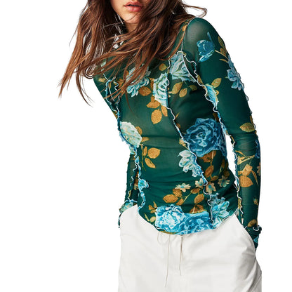 Women s  Mesh Tops Floral Print T-Shirt