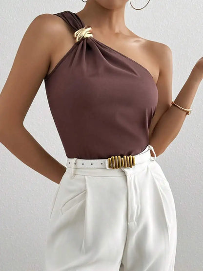 Women's One Shoulder Blouse Gold Accent Buckle,
