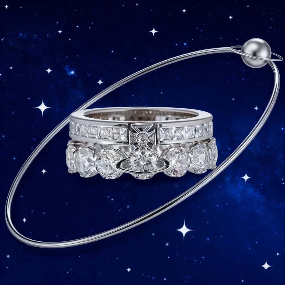Sterling Silver Double-layer Diamond Saturn Ring