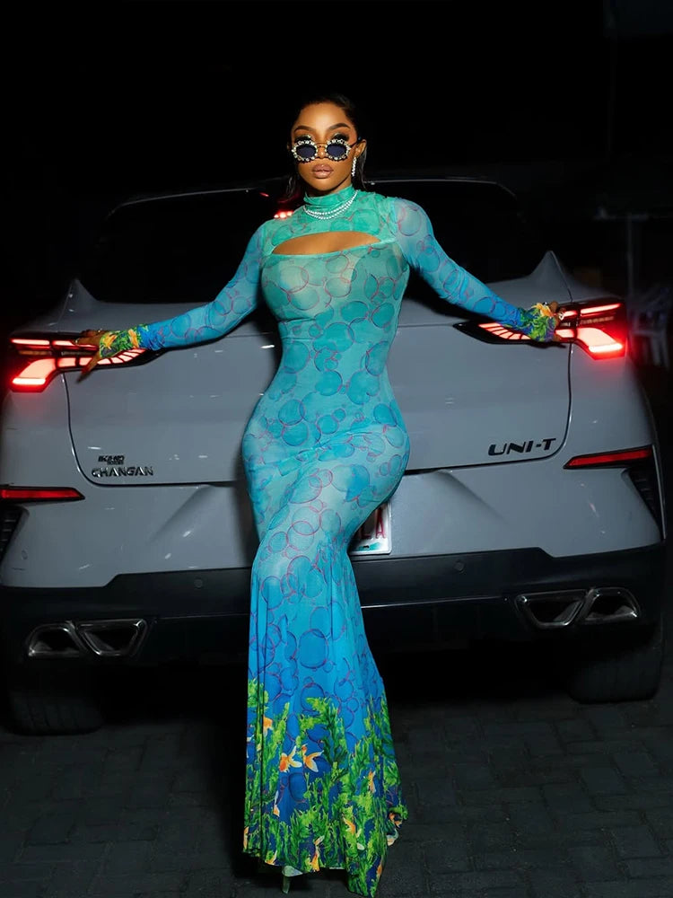 Colorful Print  See Through Sexy Dress