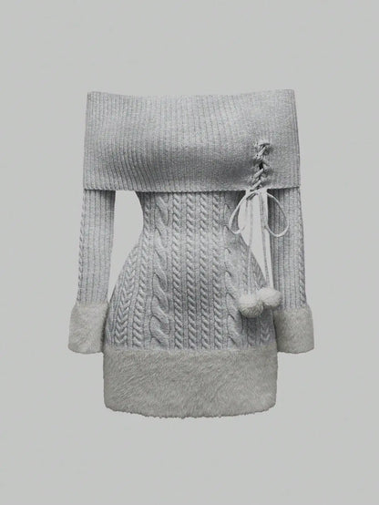 Kawaii Off Shoulder Fuzzy Sweater Dress