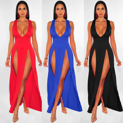 Low-Cut V-Neck Sleeveless Double Slit Dress