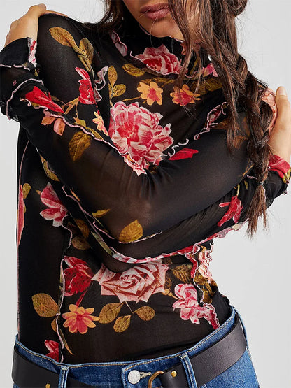 Women s  Mesh Tops Floral Print T-Shirt