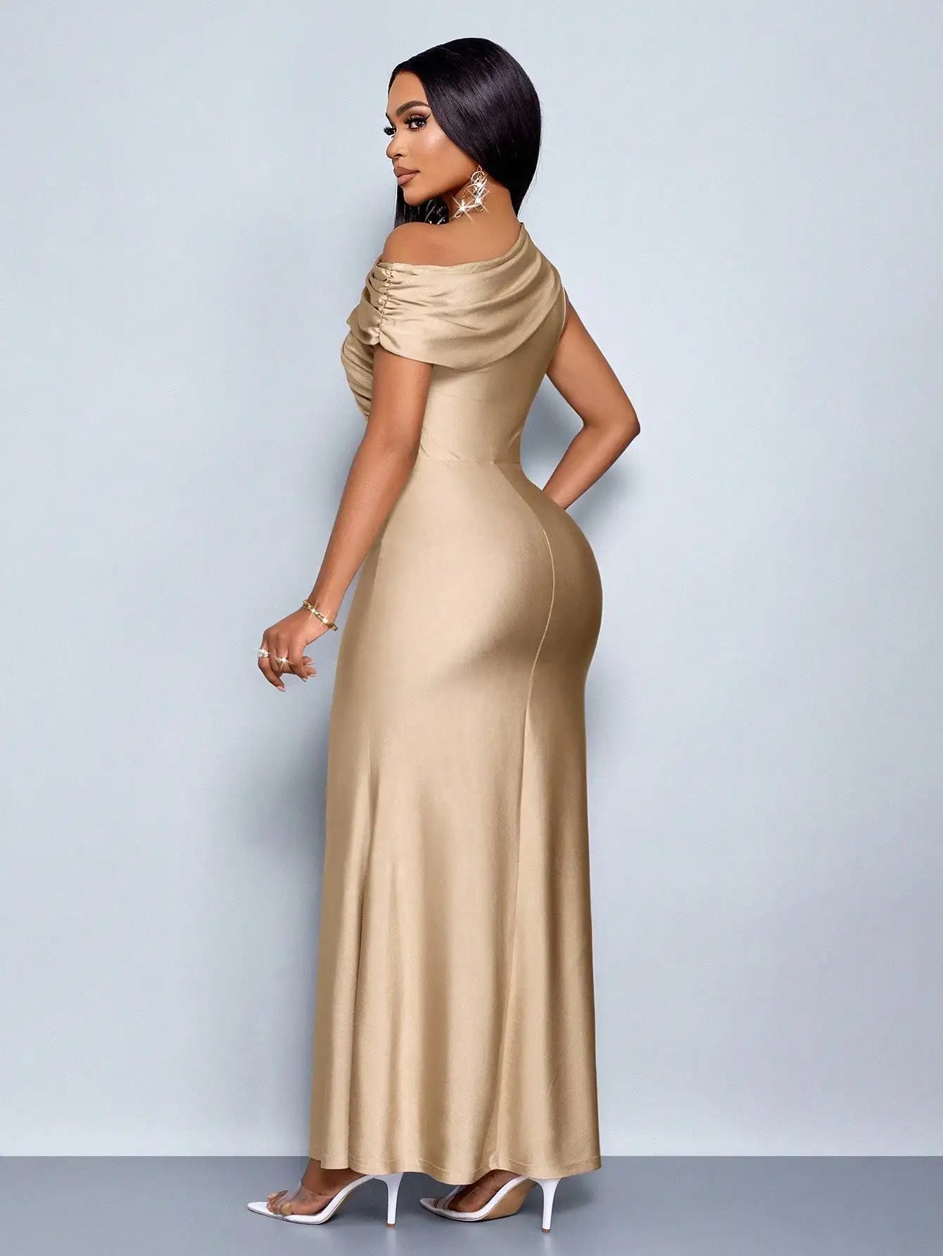 Elegant Satin One-Shoulder Fishtail Maxi Dress