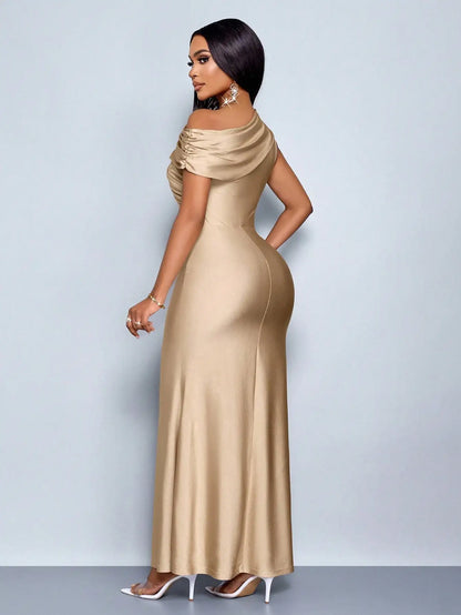 Elegant Satin One-Shoulder Fishtail Maxi Dress