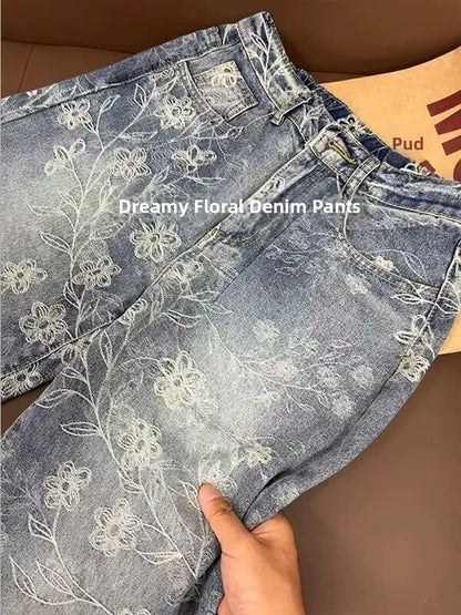 Retro Floral Washed Loose Jeans Casual