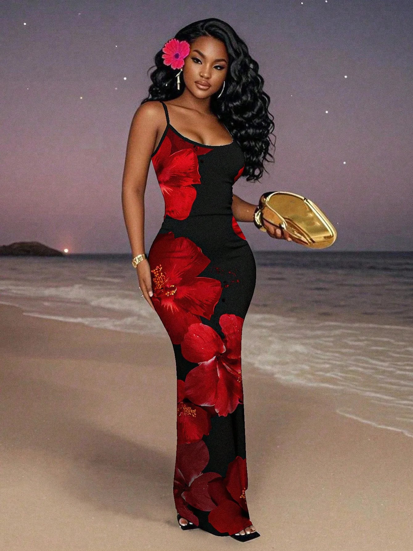 Elegant Black Red Floral Maxi Dress