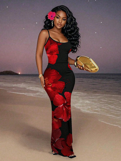 Elegant Black Red Floral Maxi Dress