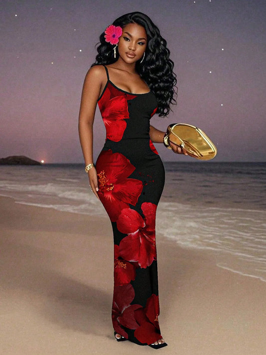 Elegant Black Red Floral Maxi Dress