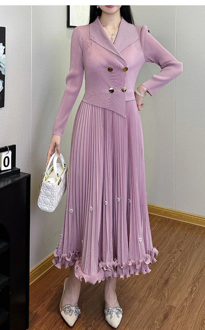Pleated Long Dress Double Breasted