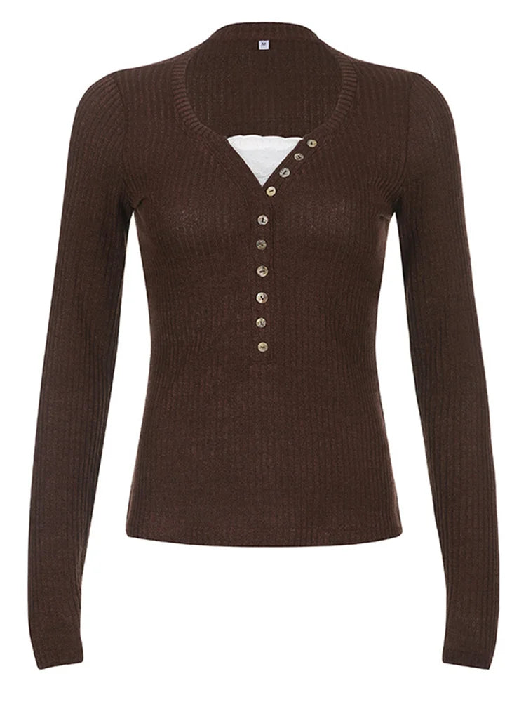 Button Front Knit Tops Long Sleeve