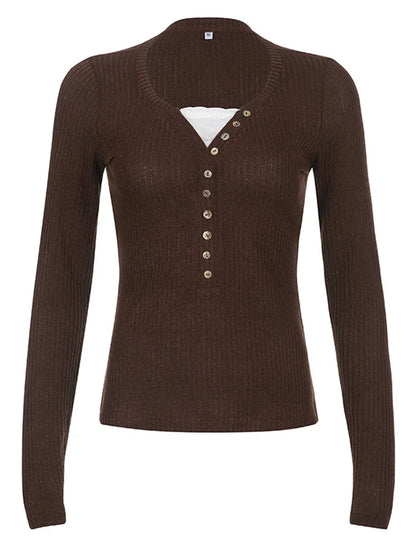 Button Front Knit Tops Long Sleeve