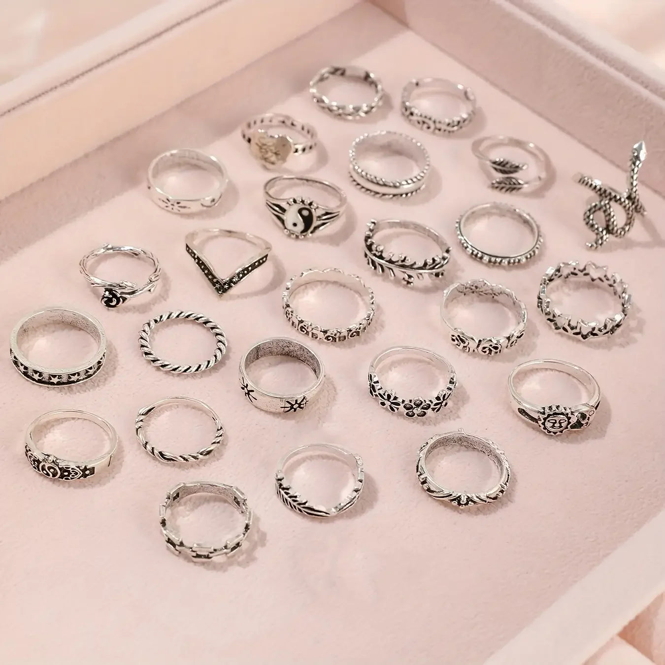 Bohemian Stacking Rings Set 25Pcs Silver Tone