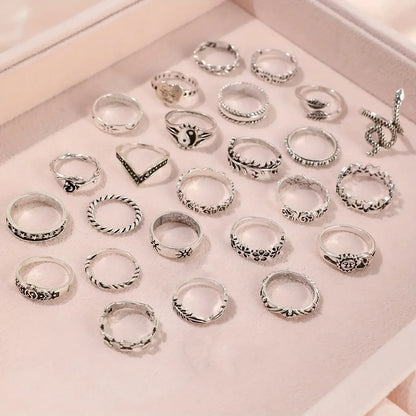 Bohemian Stacking Rings Set 25Pcs Silver Tone