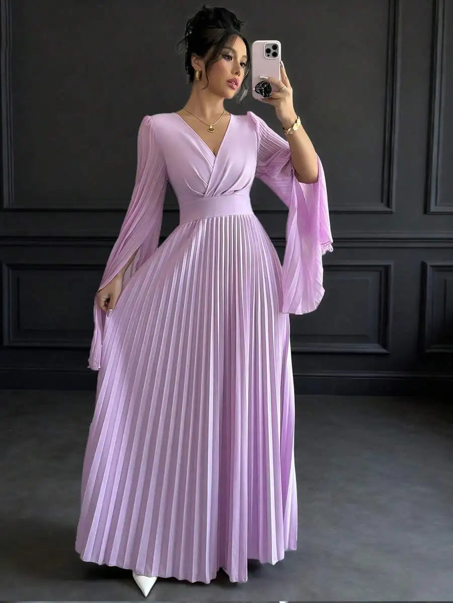 V-Neck Pleated Maxi Dress