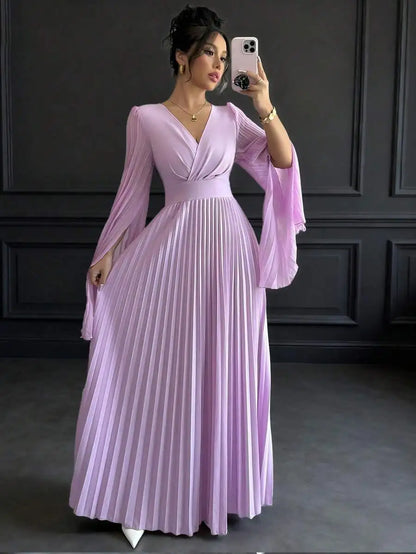 V-Neck Pleated Maxi Dress