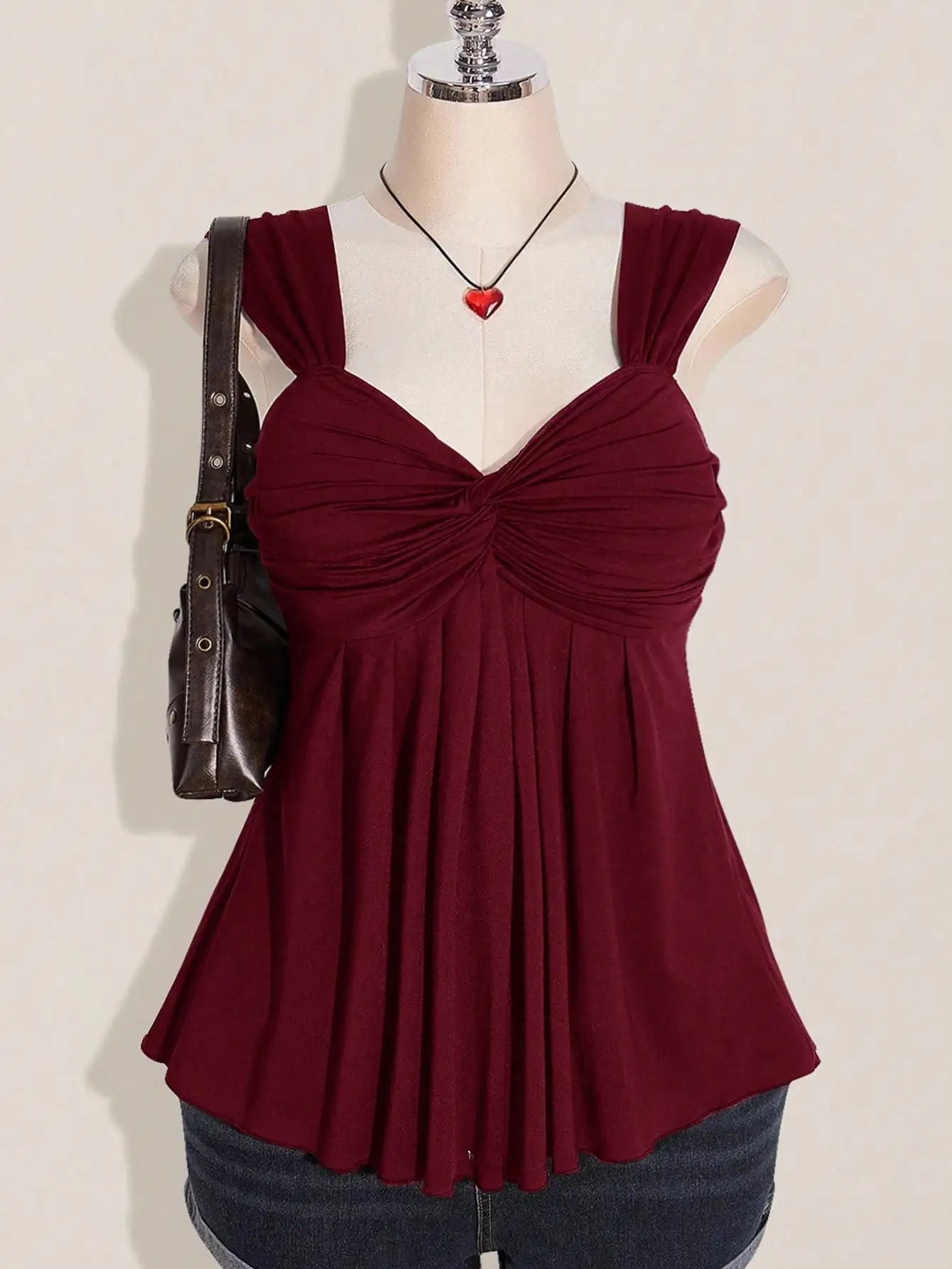 Wine Red Twist Front Sleeveless Babydoll Top,