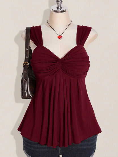 Wine Red Twist Front Sleeveless Babydoll Top,