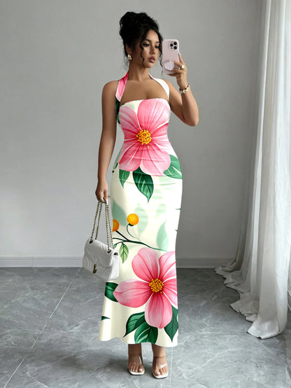 Hip-Hugging Sleeveless Long Skirt Hanging Neck Design And Collar
