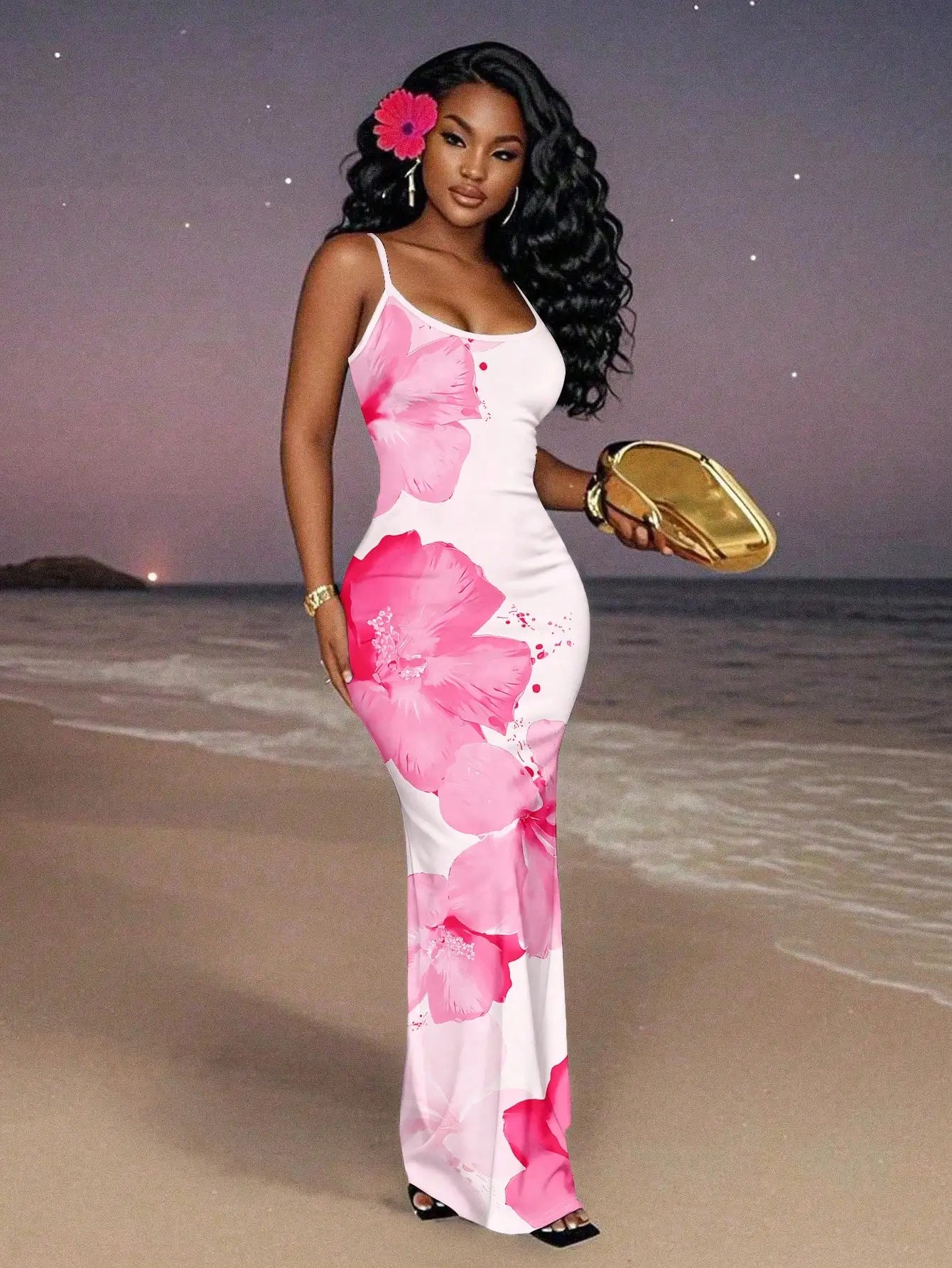 Elegant Black Red Floral Maxi Dress
