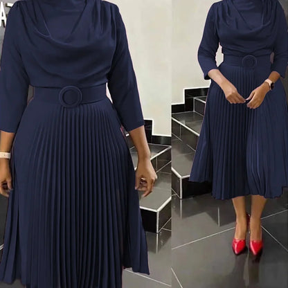 Fashionable Pure Color Pleated Midi Dress