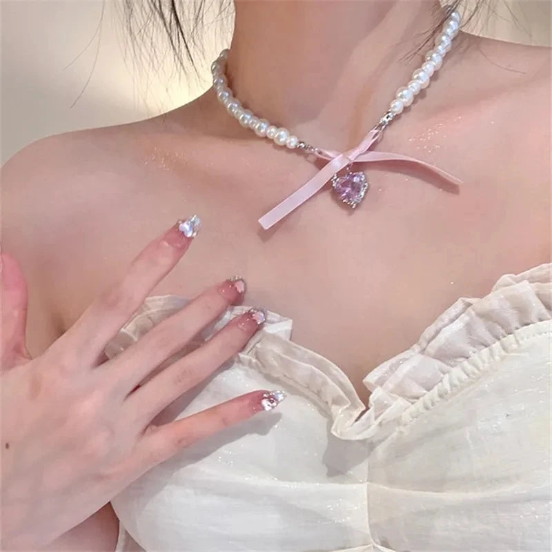 Bowknot Heart Pendant Beaded Pearl Chain Necklace