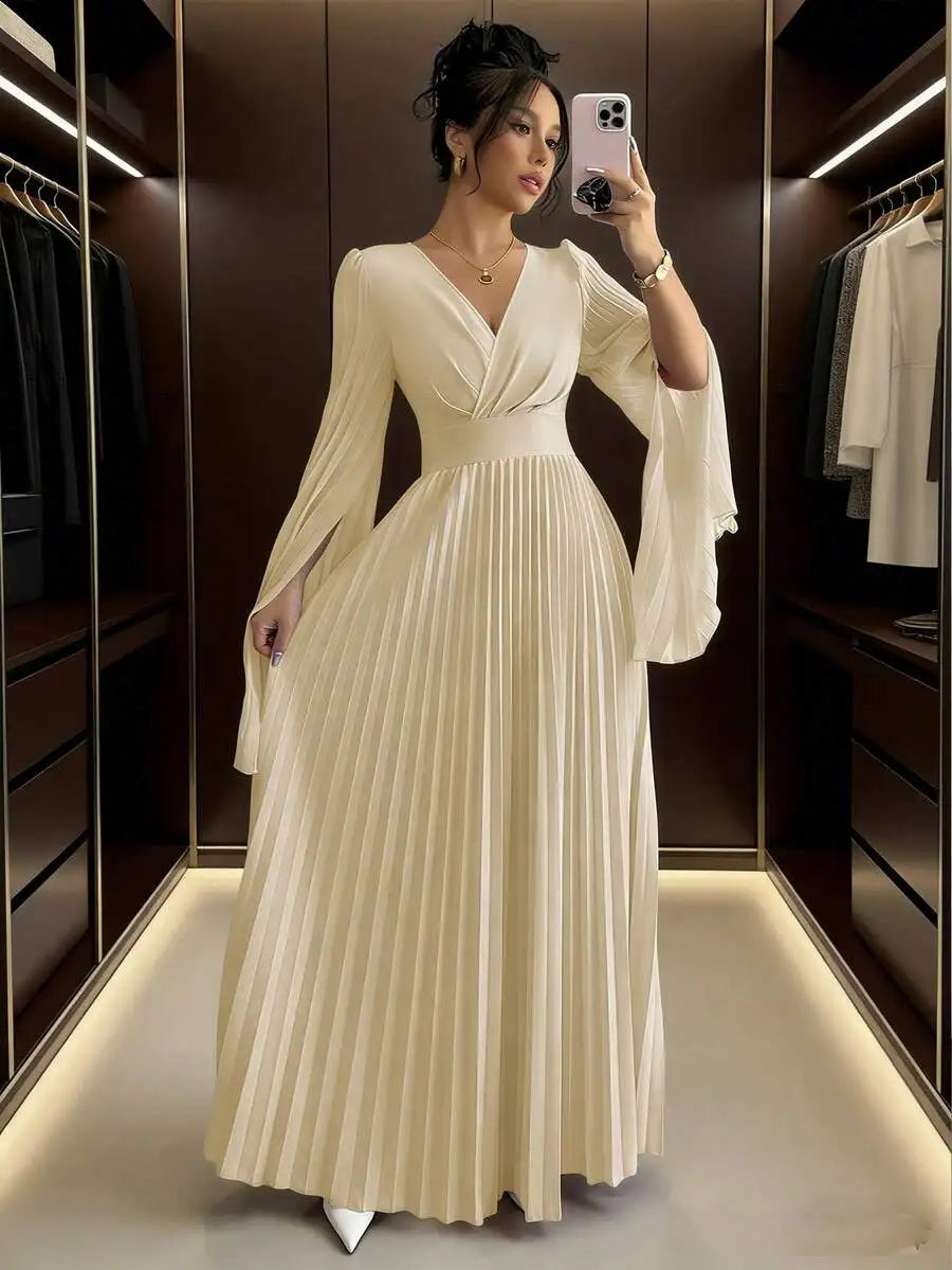 V-Neck Pleated Maxi Dress