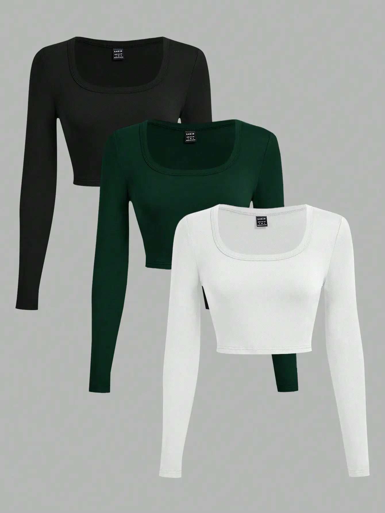 3-Pack Women's U-Neck Cropped Long Sleeve T-Shirts,