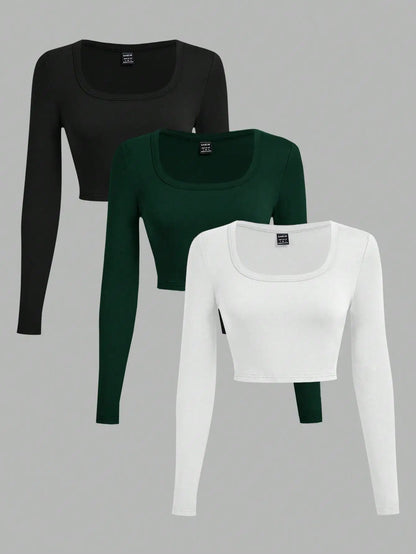 3-Pack Women's U-Neck Cropped Long Sleeve T-Shirts,