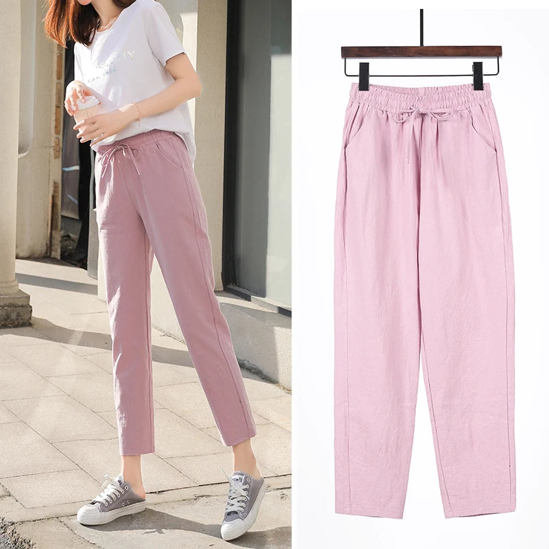 Cotton Linen Solid Elastic Waist Pants