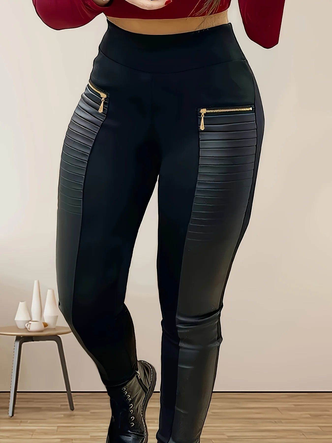 Black Casual Solid Color Stitching Pants